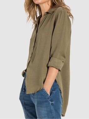 Bella Dahl olive green frayed hem button down shirt
